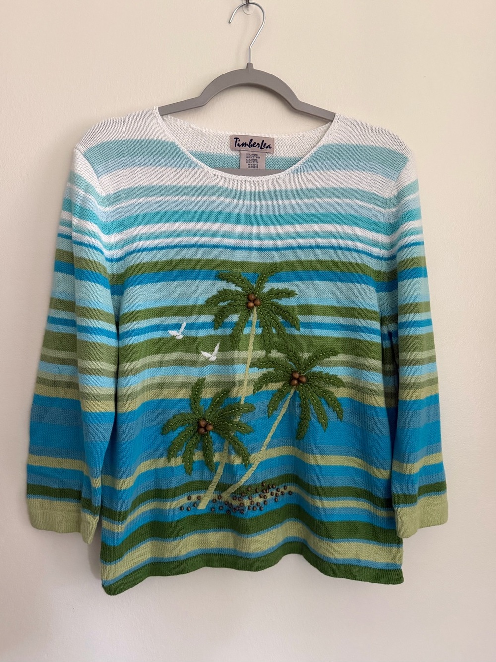 VTG TIMBERLEA Palm Tree Striped Beach Theme Embroidered Sweater - Women's Size M